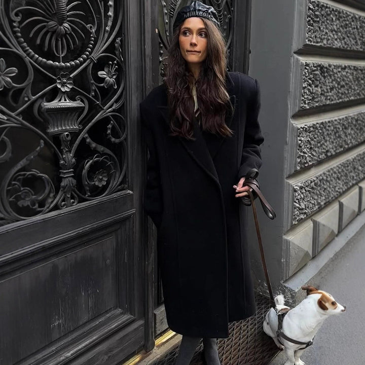 Women's Maxi Length Wool Blend Coat in Oversized Cocoon Cut with Distinctive Shoulder Line Amarae
