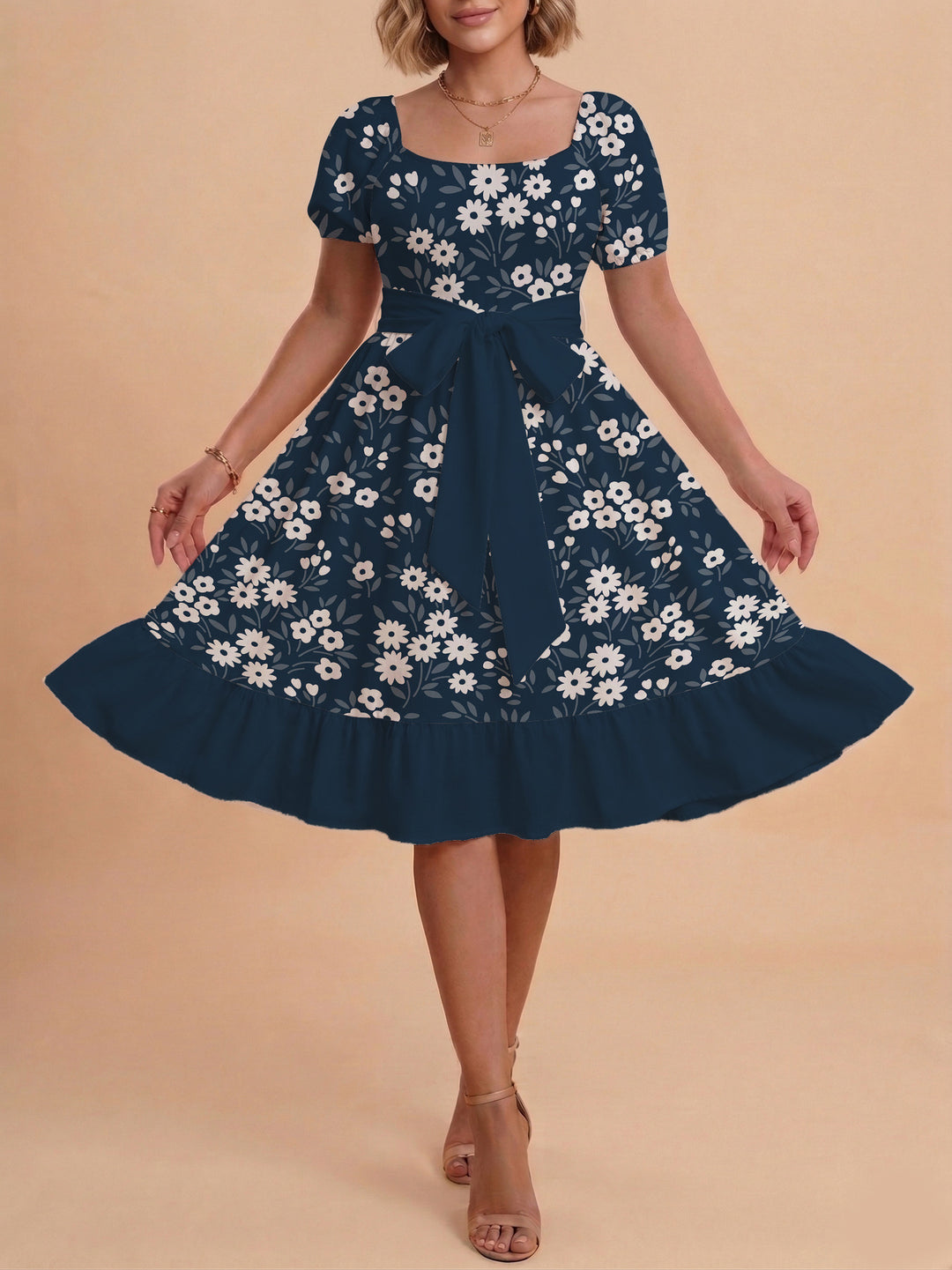 Women's floral dress with adjustable belt and voluminous sleeves Lune London