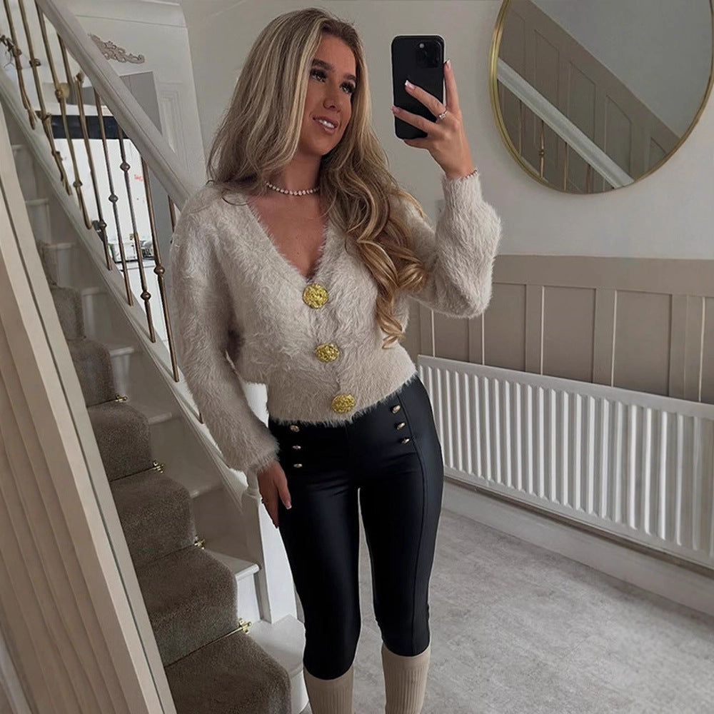 Women's Fluffy Short Jacket with V-Neck and Metallic Decorative Buttons Amarae