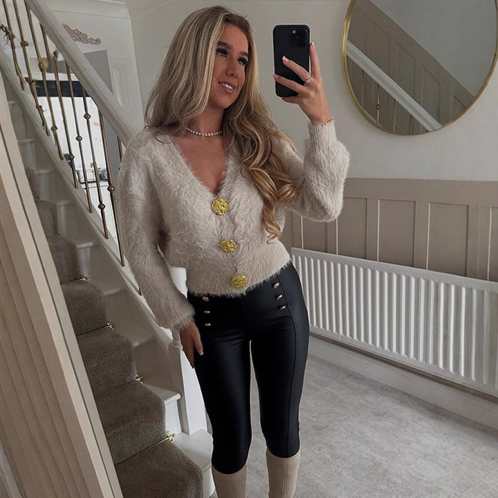 Women's Fluffy Short Jacket with V-Neck and Metallic Decorative Buttons Amarae