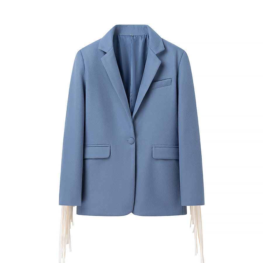 Women's Oversize Suede Look Blazer with Extra Long Fringe Trim and Contrast Stitch Amarae