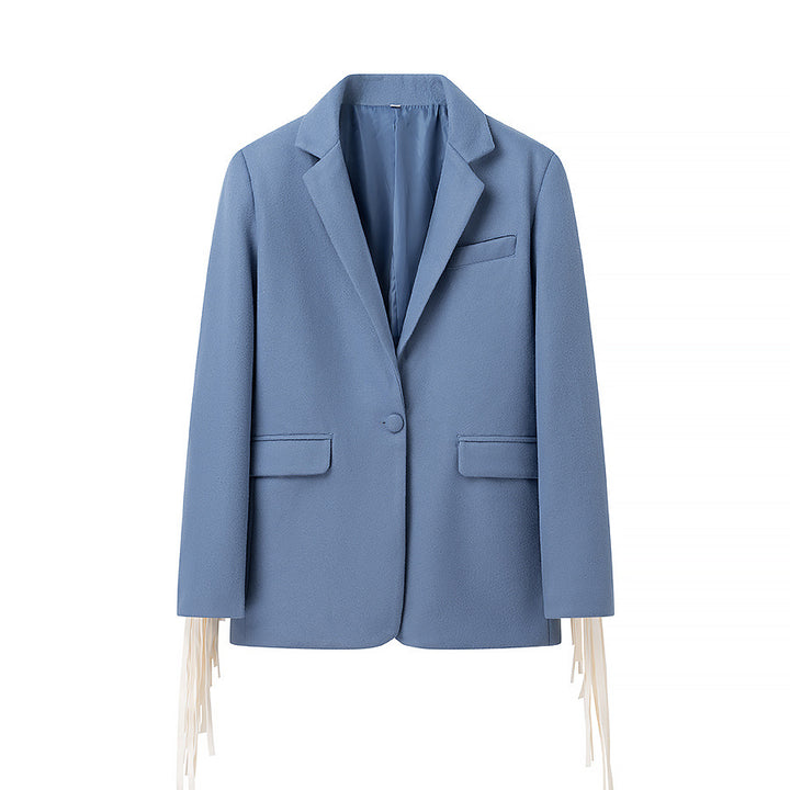 Women's Oversize Suede Look Blazer with Extra Long Fringe Trim and Contrast Stitch Amarae