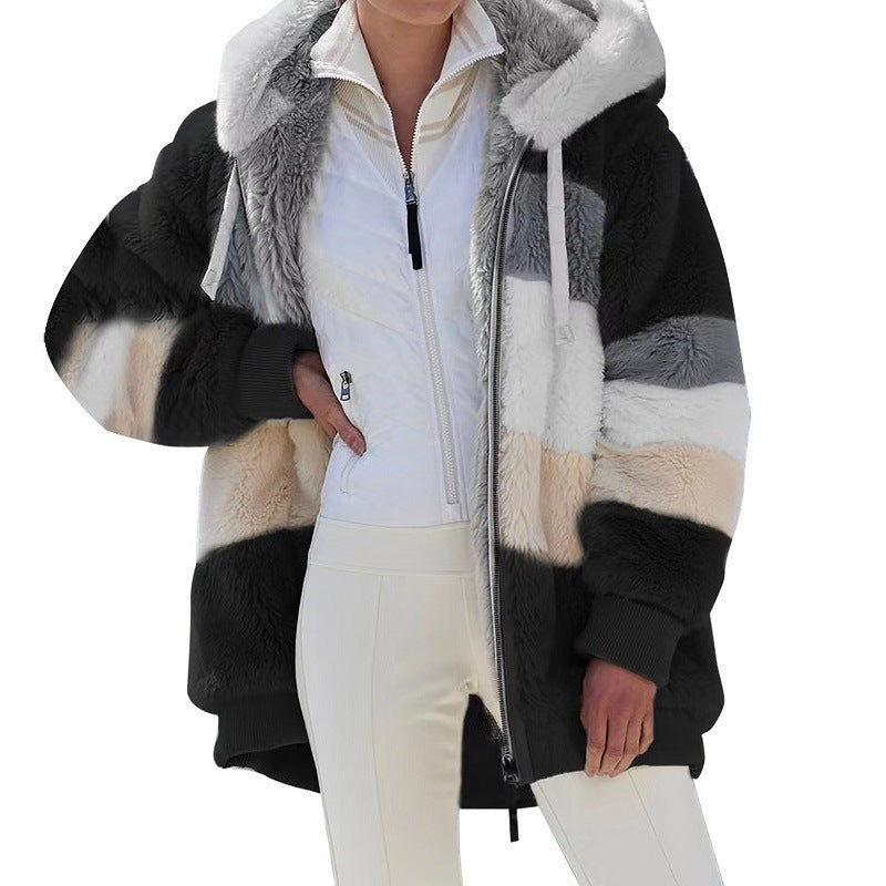 Women's Striped Oversized Teddy Jacket with Hood, Zipper and Ribbed Cuffs Amarae