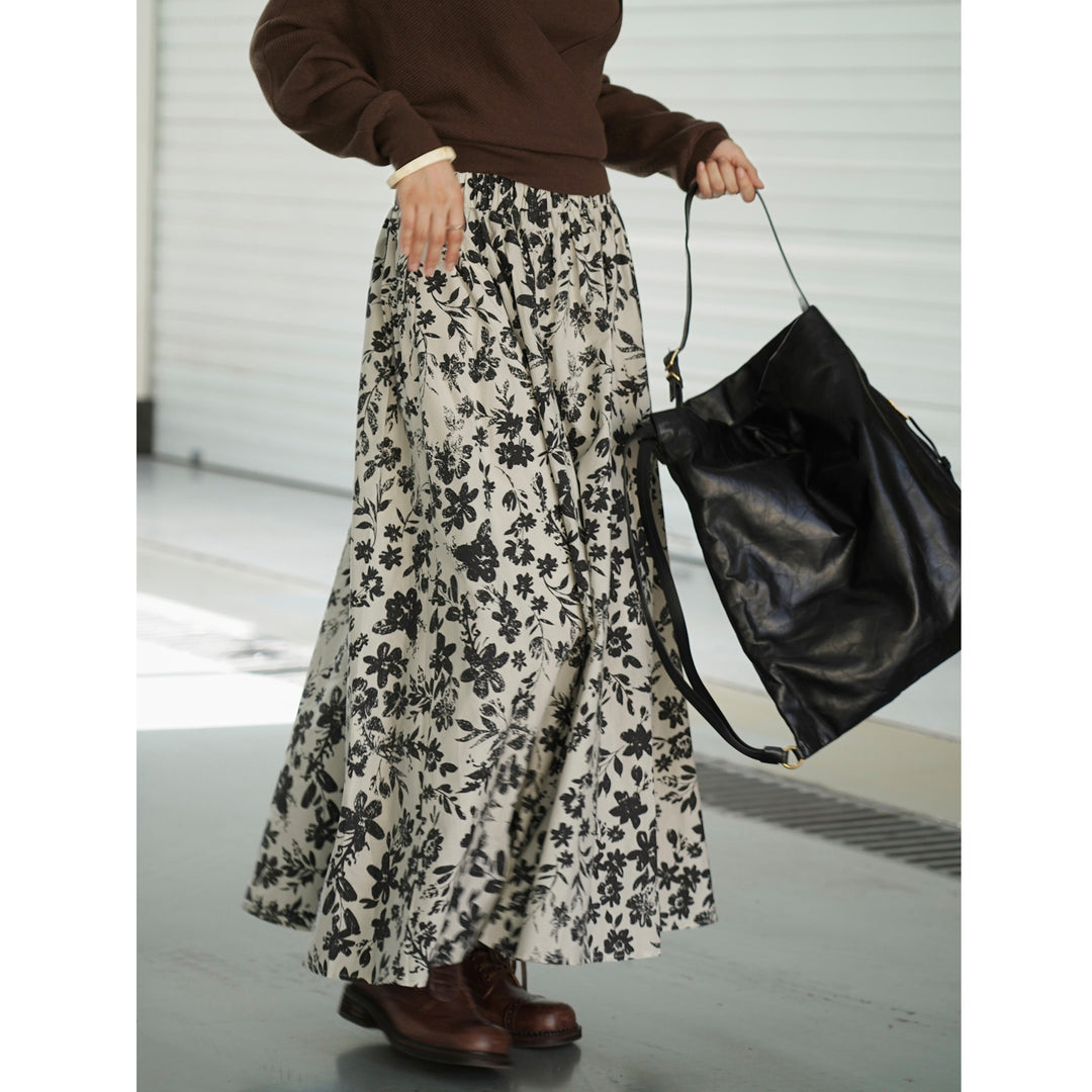 Women's Wide Midi Skirt with Gathered Waistband and Floral Pattern Amarae