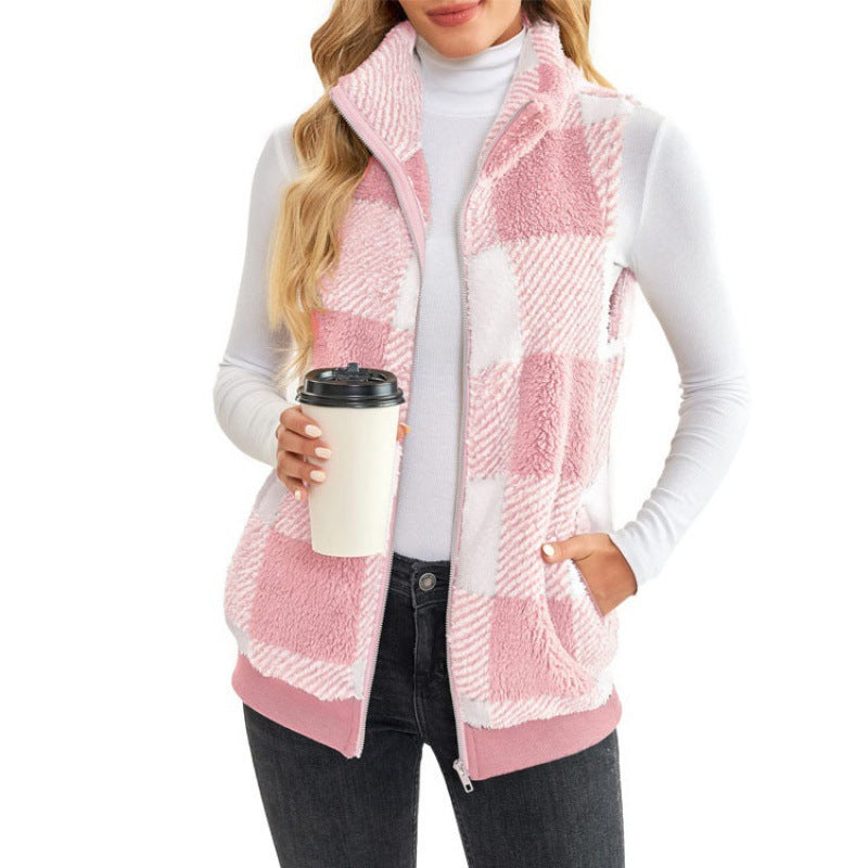 Ladies Checked Teddy Vest with Stand-Up Collar, Zipper and Side Pockets Amarae