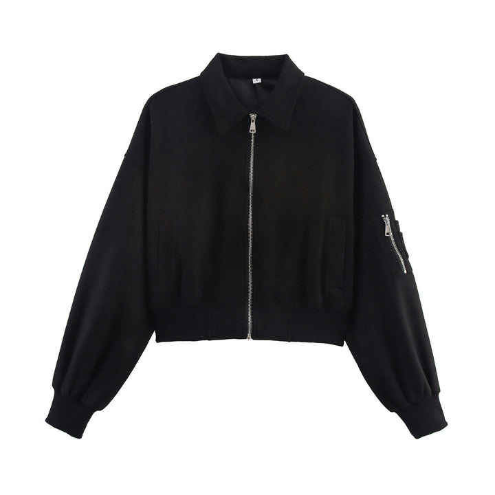 Trendy cropped women's jacket in soft suede-like faux leather with practical zippered pockets Lune London