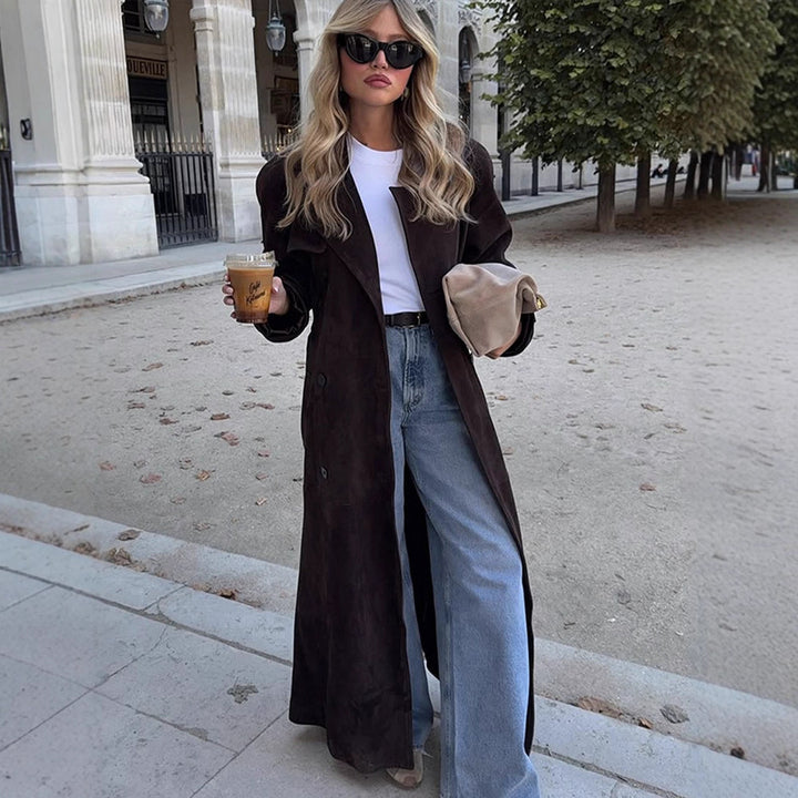 Women's Long Velvet Trench Coat with Tie Belt and Lapel Collar Amarae