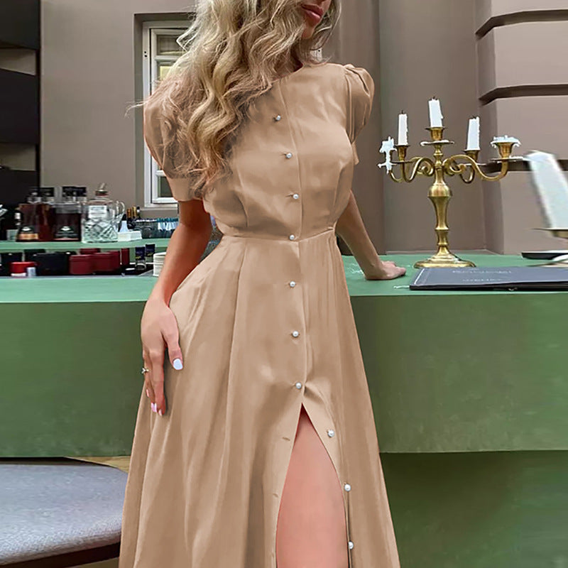 Maxi dress for women with button detail and side slit Lune London