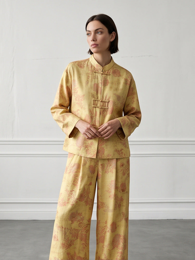 Womens Two-Piece Jacquard Set with Mandarin Collar and Wide Cut Trousers Amarae