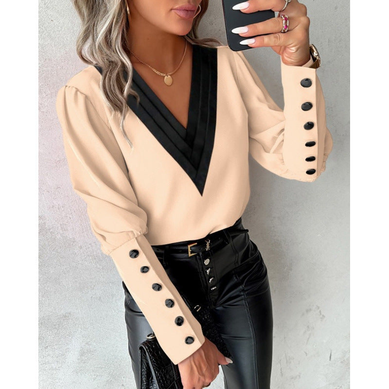 Women Elegant Blouse Cut with V Neck and Puff Sleeves Lune London