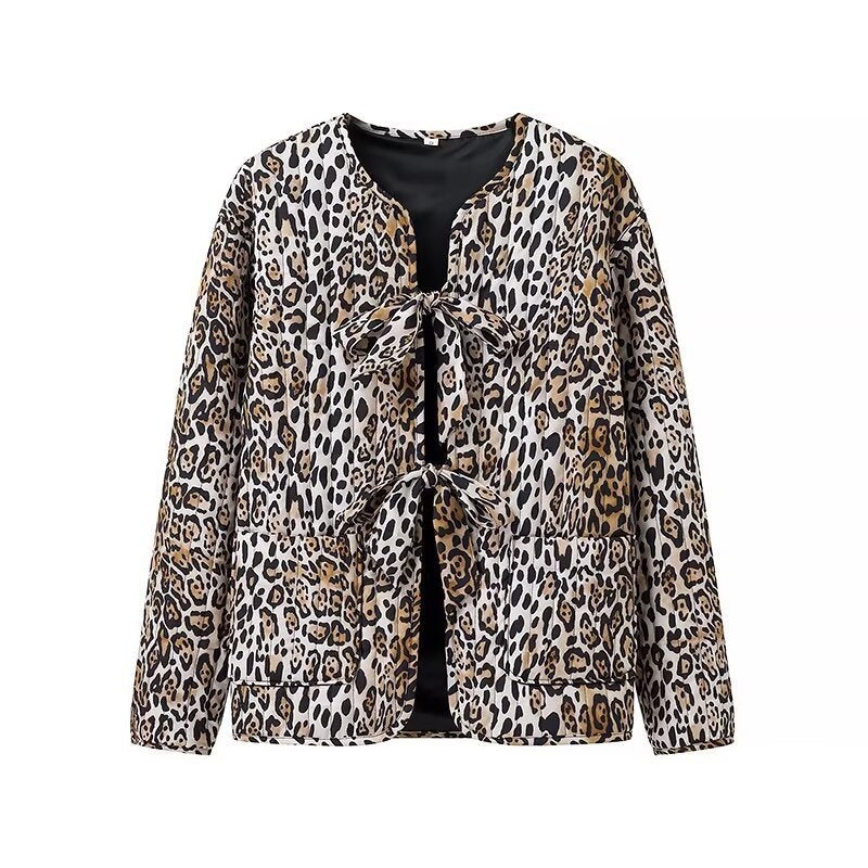 Women's Lightweight Leopard Print Cardigan Jacket with Bow Closures and Patch Pockets Amarae