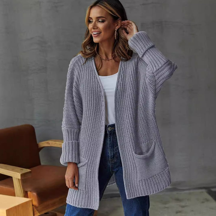 Ladies oversized knit cardigan with ribbed structure and pockets Lune London