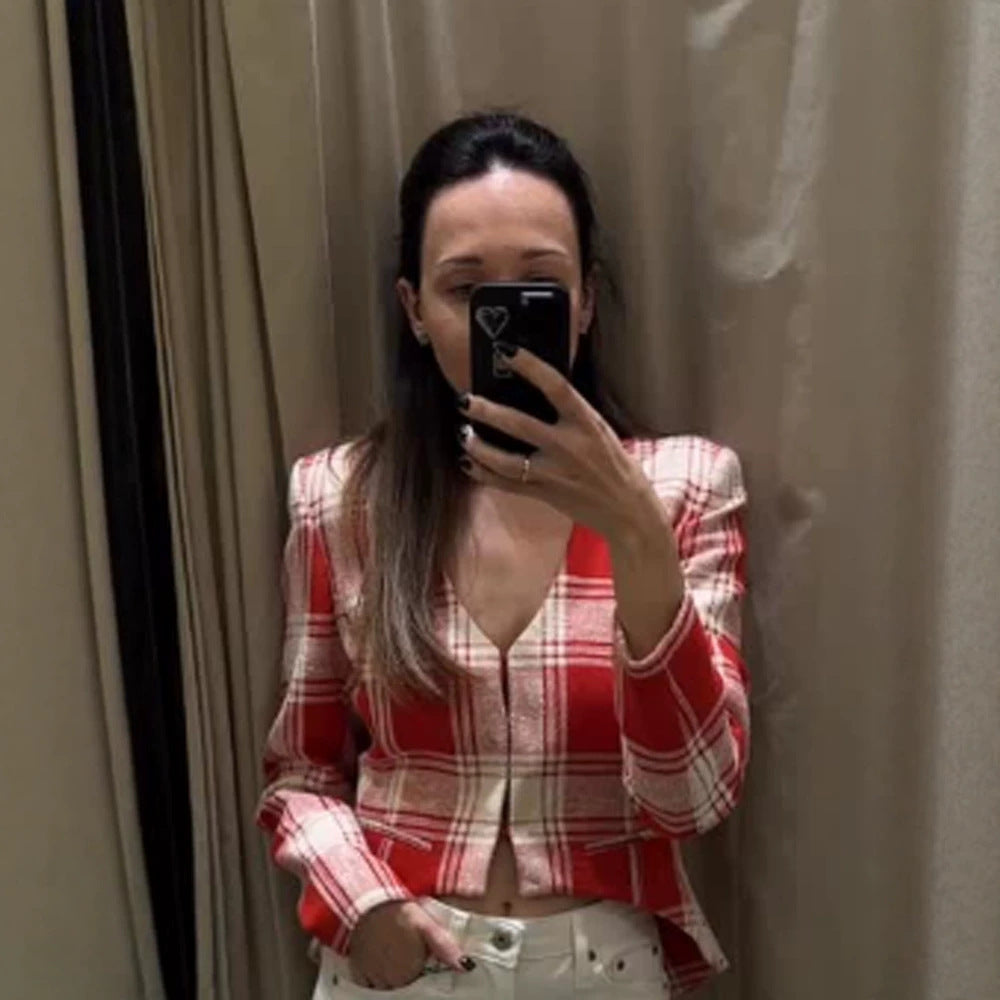 Women's Short Cut Tailored Check Blazer with Deep V-Neck and Flap Pockets Amarae