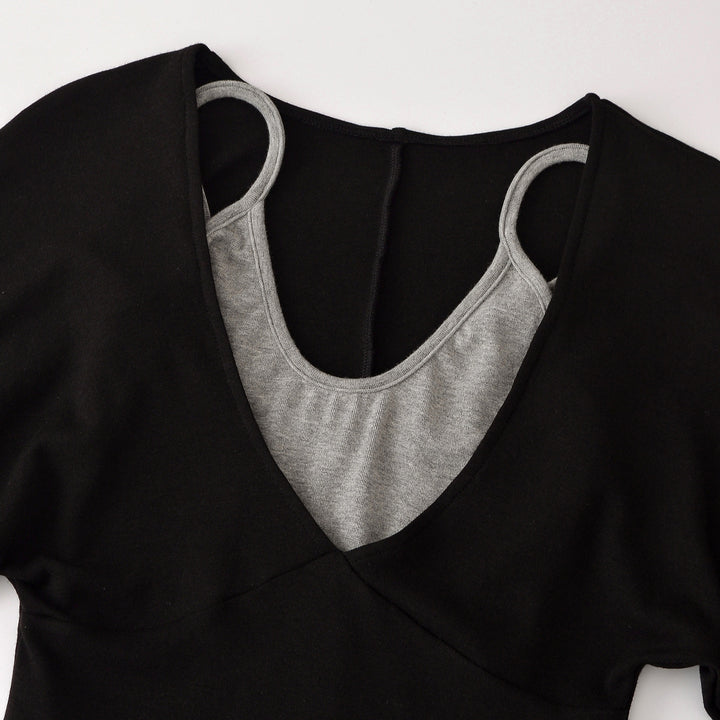 Women's Layered Look Long Sleeve Shirt with Deep V-Neck and Integrated Camisole Amarae