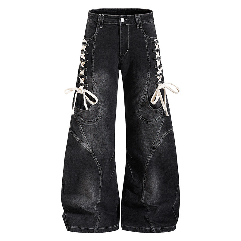 Women's wide high-waisted denim culotte with side lacing and cargo pockets Amarae