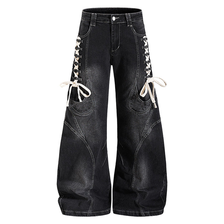 Women's wide high-waisted denim culotte with side lacing and cargo pockets Amarae