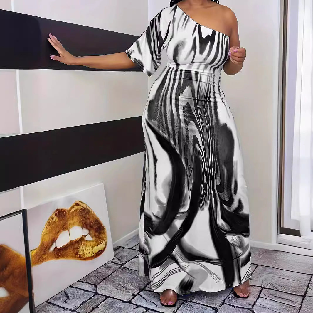 Maxi dress for women with asymmetric cut and elegant pattern Lune London