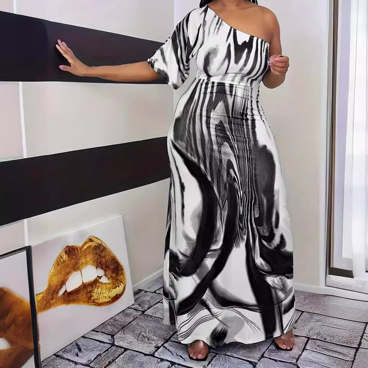 Maxi dress for women with asymmetrical cut and elegant pattern Lune London