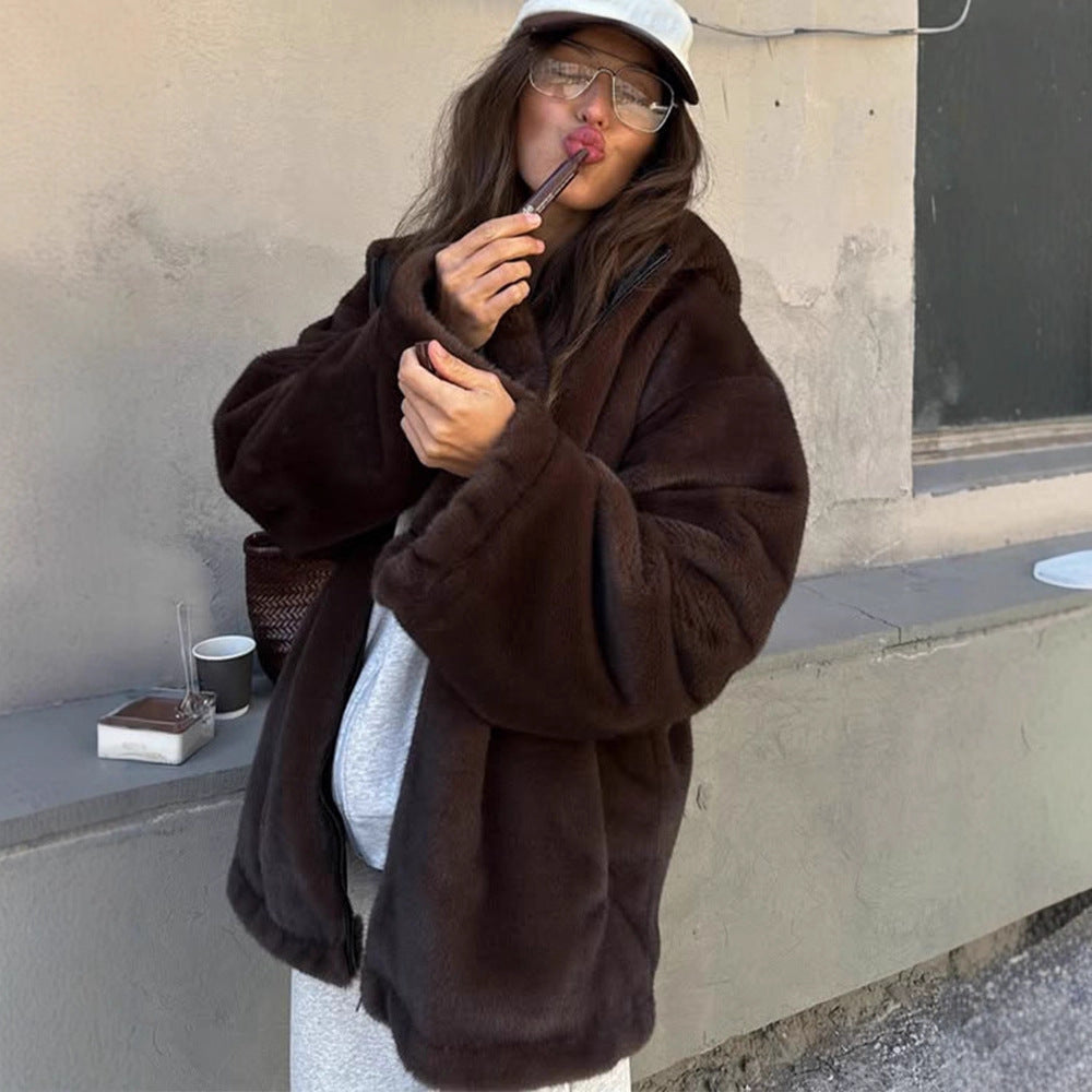 Women's Boxy Short Coat made of vegan Faux Fur with hood, concealed zipper & casual silhouette Amarae