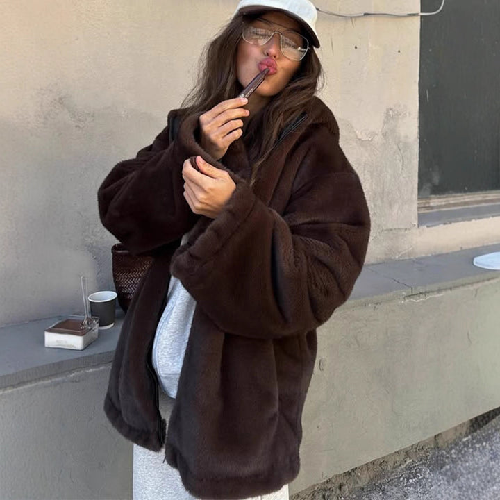Women's Boxy Short Coat made of vegan Faux Fur with hood, concealed zipper & casual silhouette Amarae