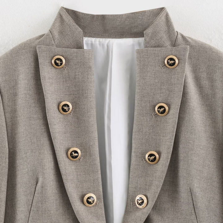 Women Cropped Military Blazer with Stand Collar, Double-Breasted Decorative Button Placket and Tailored Fit Amarae