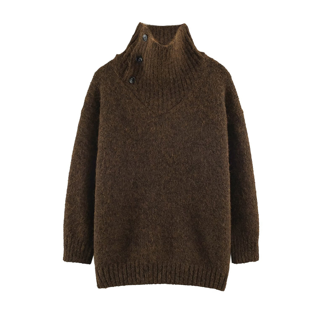 Women's Oversized Knit Sweater with High Ribbed Collar, Button Detail and V-Neck Amarae