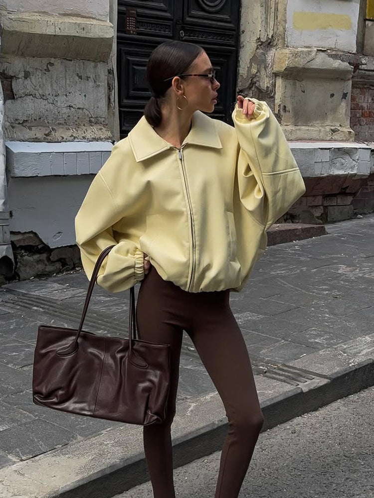Women's Oversize Bomber Jacket with Oversized Balloon Sleeves and Zipper Amarae