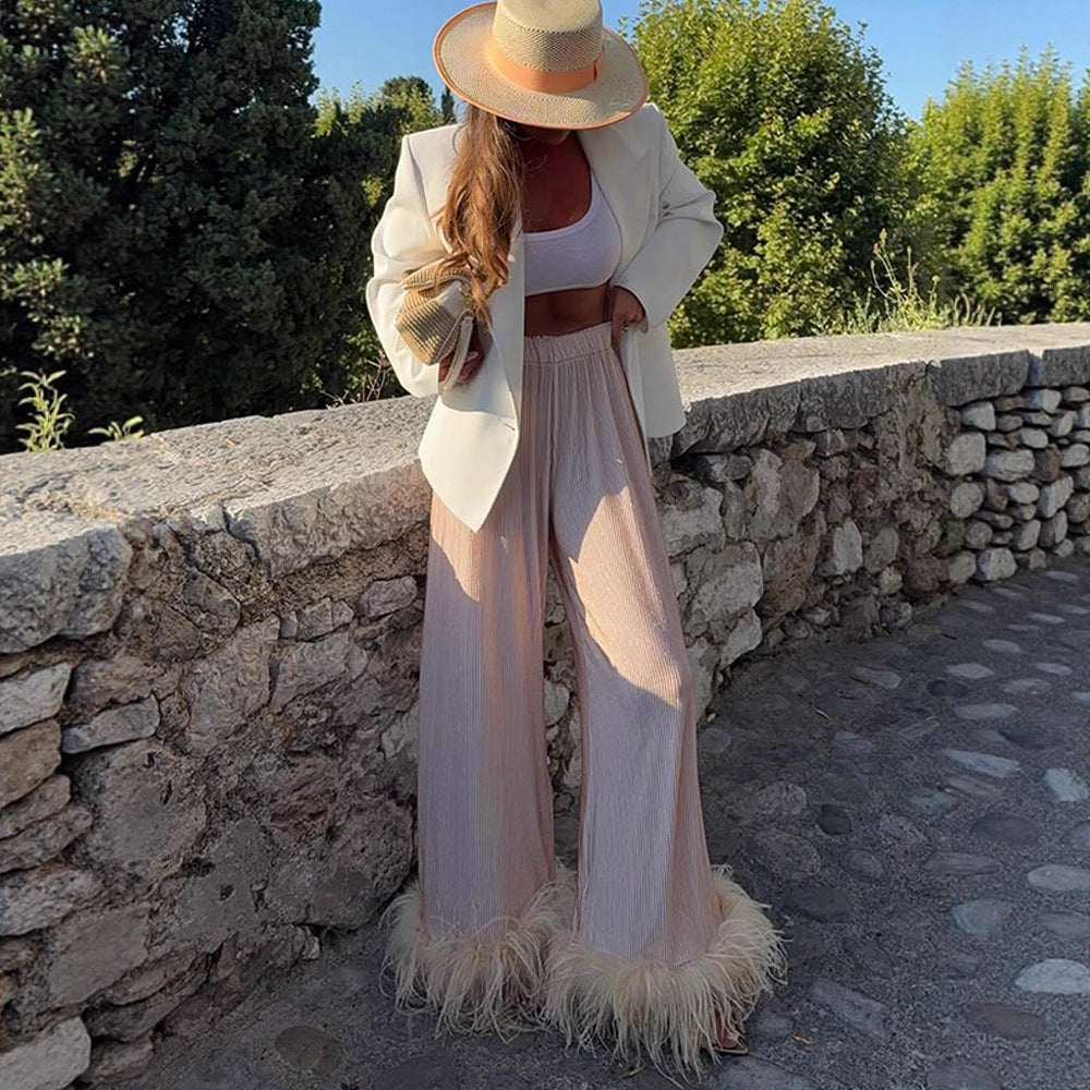 Women's Pleated Palazzo Pants with Wide Leg & Feather Trim Amarae