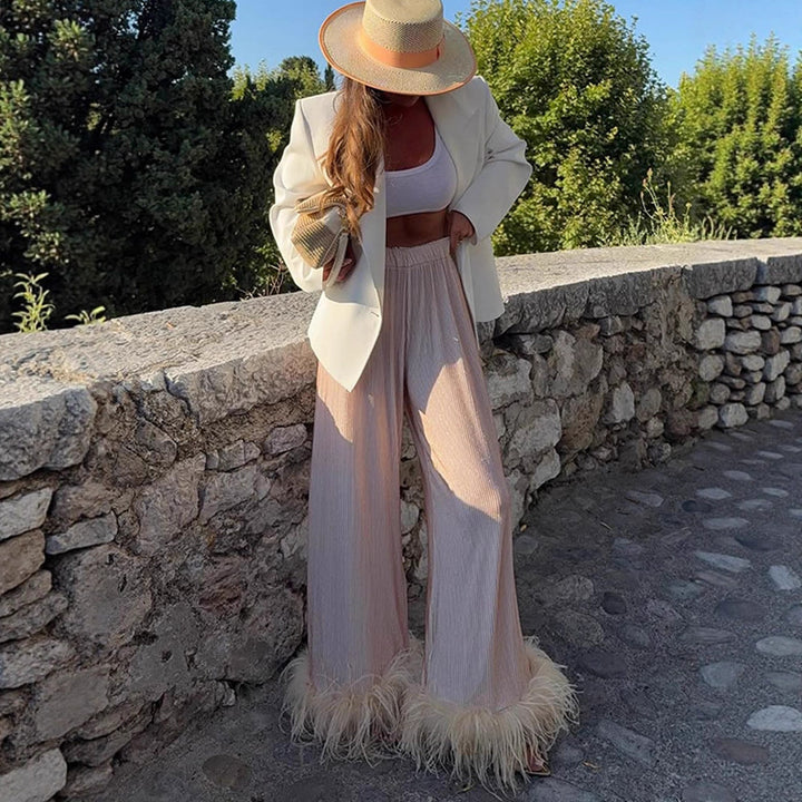 Women's Pleated Palazzo Pants with Wide Leg & Feather Trim Amarae
