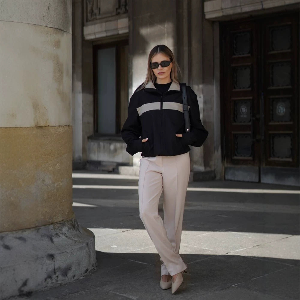 Women's Cropped Bomber Jacket with Contrast Stripes, Stand Collar and Boxy Silhouette Amarae