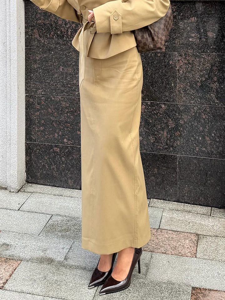Women Tailored Trench Set with Peplum, Tied Belt & Pencil Skirt Amarae