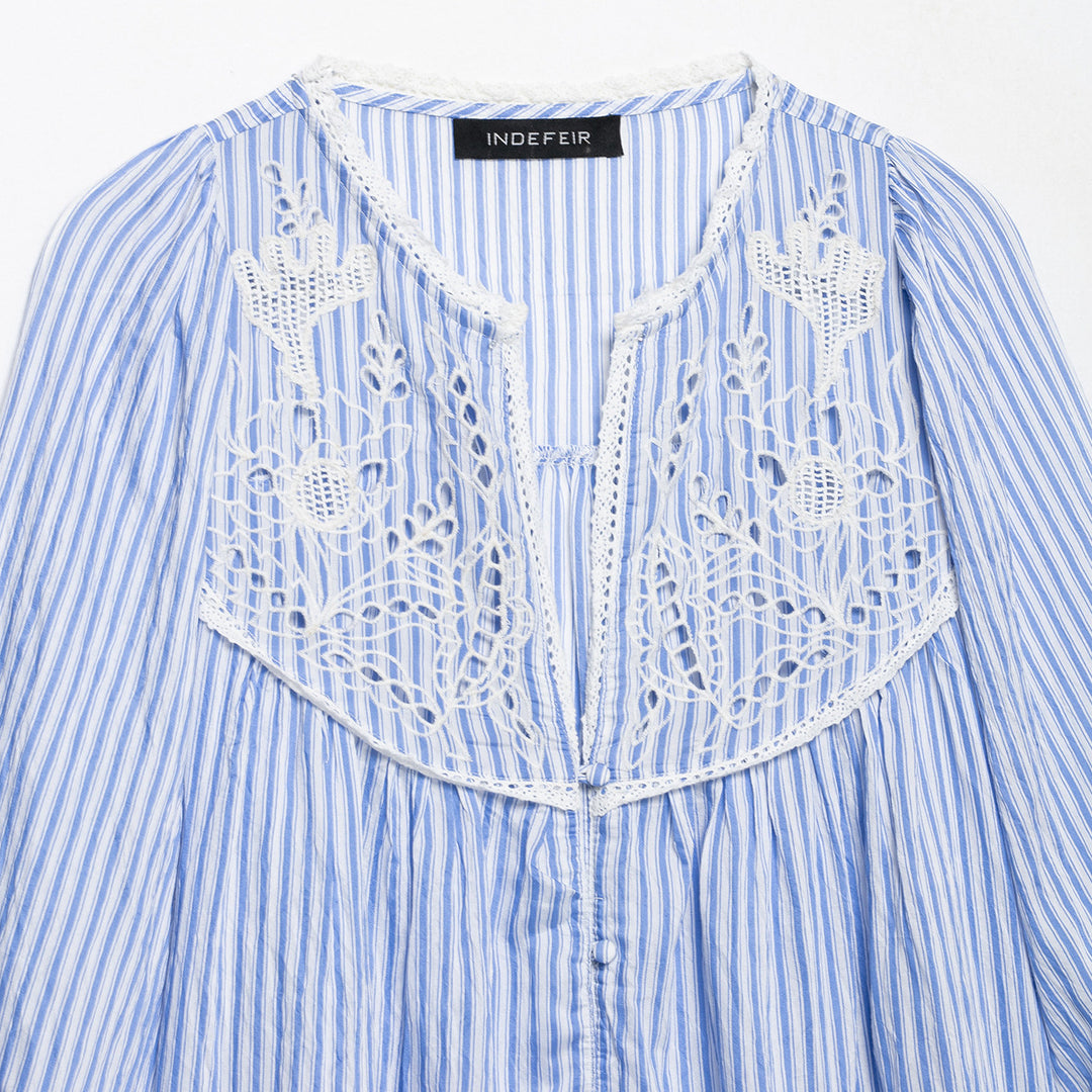 Ladies Striped Blouse with Crochet Lace, Balloon Sleeves and Button Placket Amarae