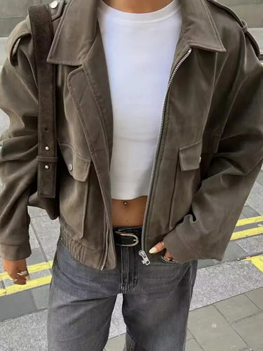 Trendy utility jacket for women with patch pockets and high collar Amarae