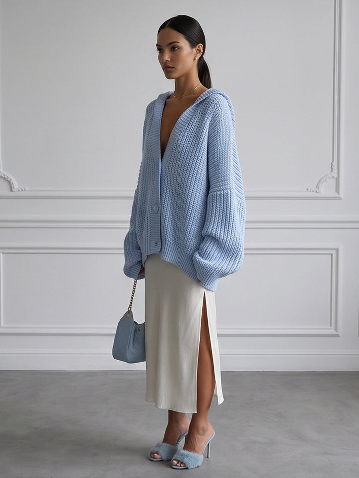 Women's Oversized Hooded Knit Cardigan with Balloon Sleeves and Button Placket Amarae
