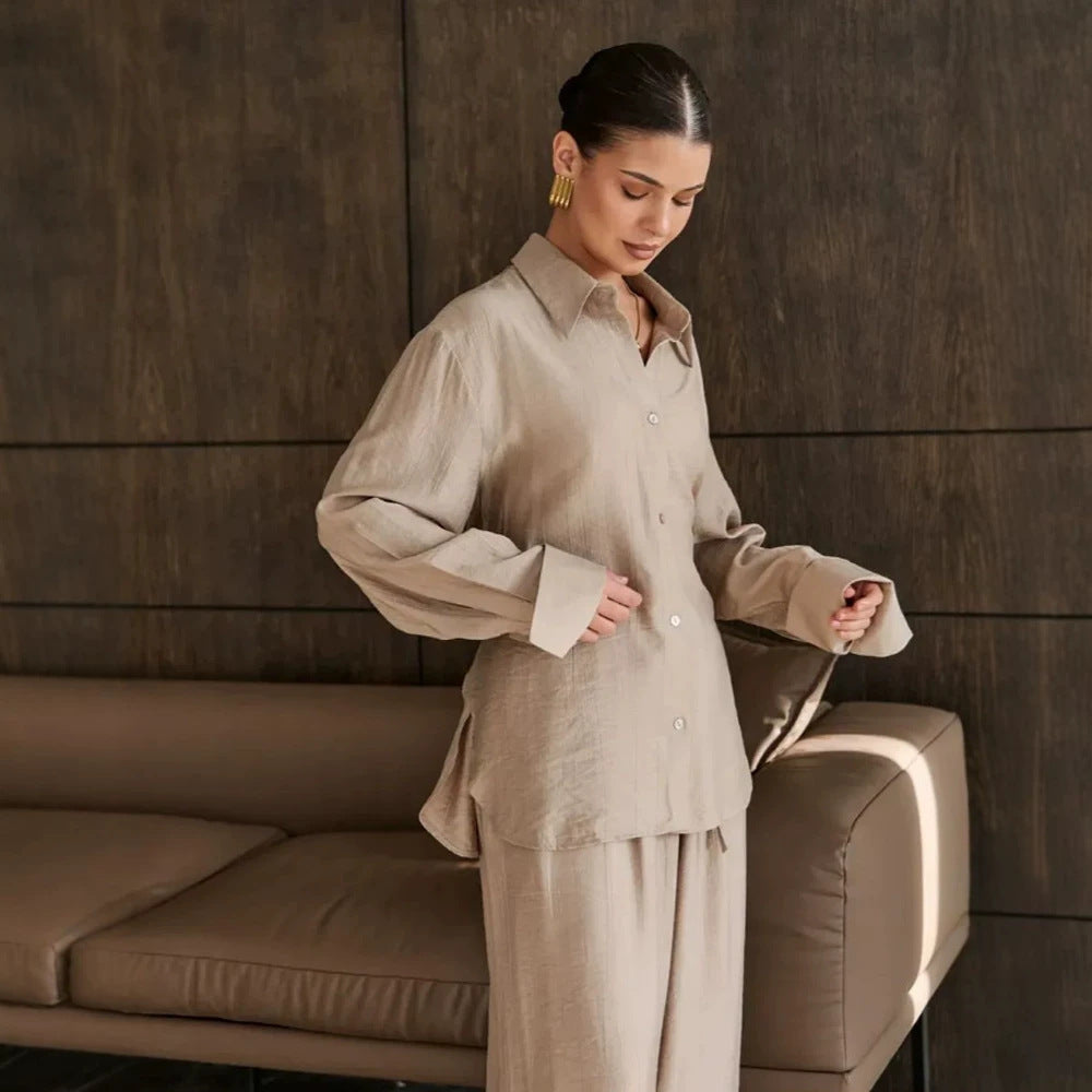 Women's Casual-Elegant Shirt and Pants Set with Drawstring, Elastic Waistband and Wide Leg Trousers