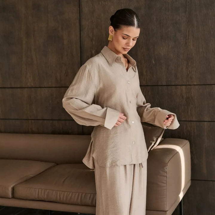 Women's Casual-Elegant Shirt and Pants Set with Drawstring, Elastic Waistband and Wide Leg Trousers