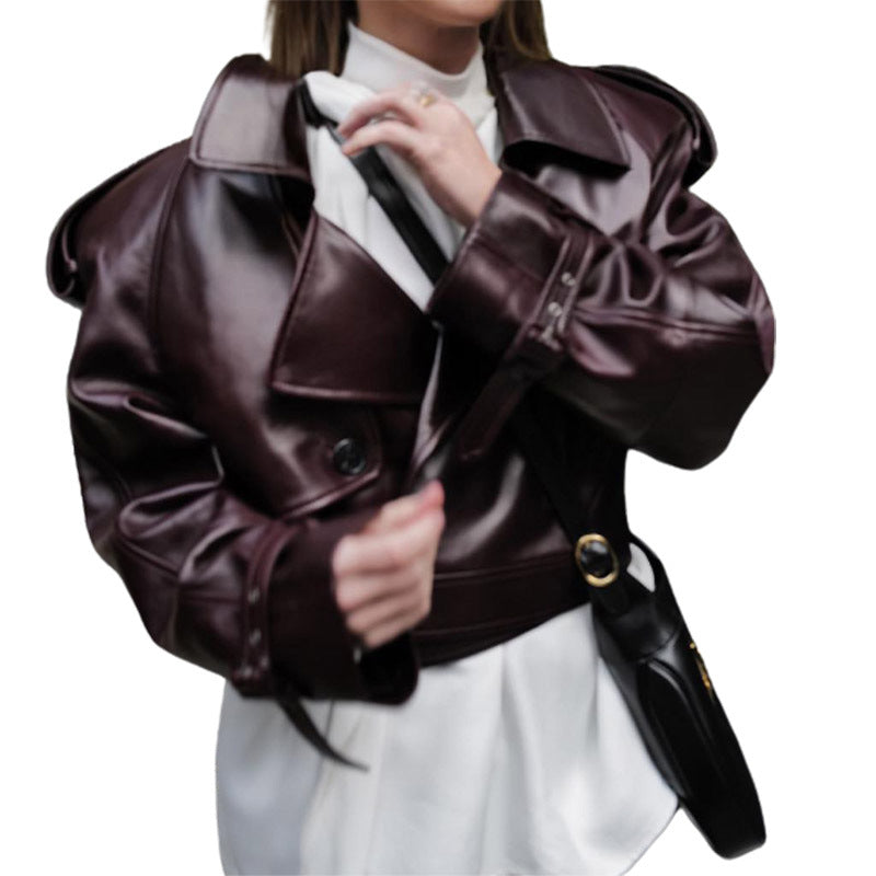 Trendy faux leather jacket for women with wide shoulders and classic collar Lune London