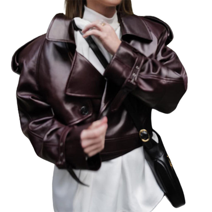 Trendy faux leather jacket for women with wide shoulders and classic collar Lune London