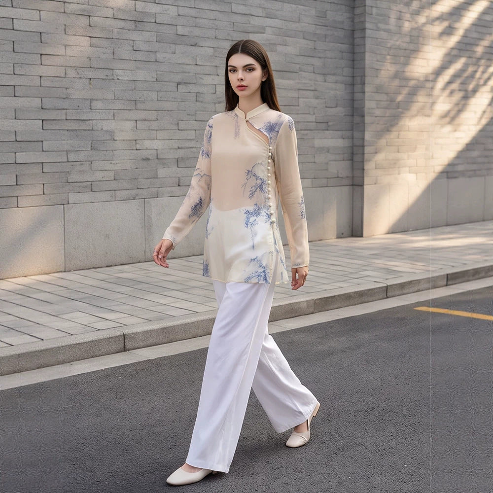 Women's Transparent Chiffon Blouse with Mandarin Collar, Asymmetrical Button Placket & Floral Print Amarae