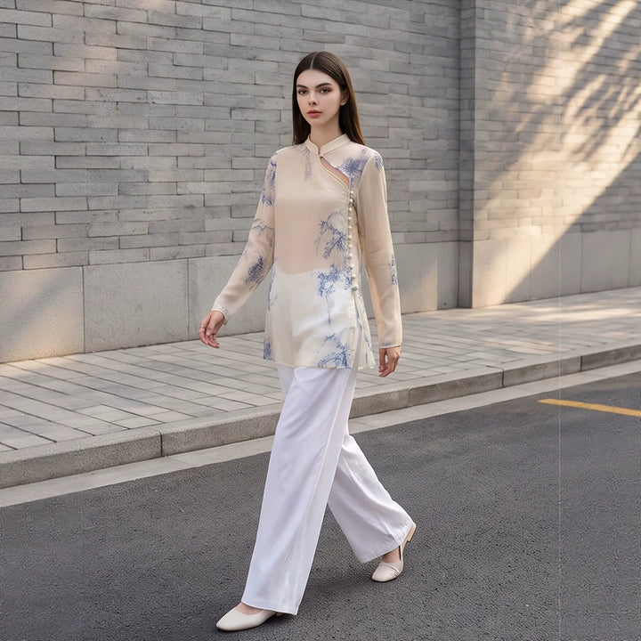 Women's Transparent Chiffon Blouse with Mandarin Collar, Asymmetrical Button Placket & Floral Print Amarae