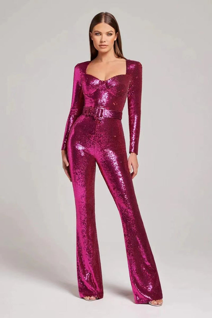Ladies Glamorous Sequin Jumpsuit with Chic Waistline Lune London