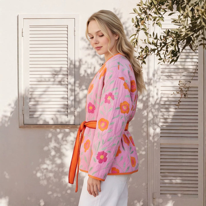 Women's Quilted Floral Kimono with Tie Belt Amarae