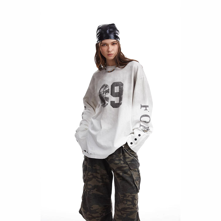 Men's Oversized Long Sleeve Sweatshirt with Print, Extended Cuffs and Used Details Amarae