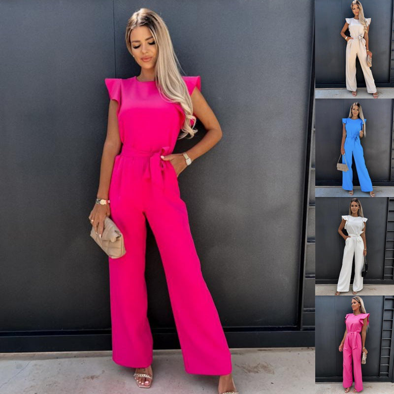 Ladies elegant jumpsuit with wide leg and ruffled sleeve Lune London