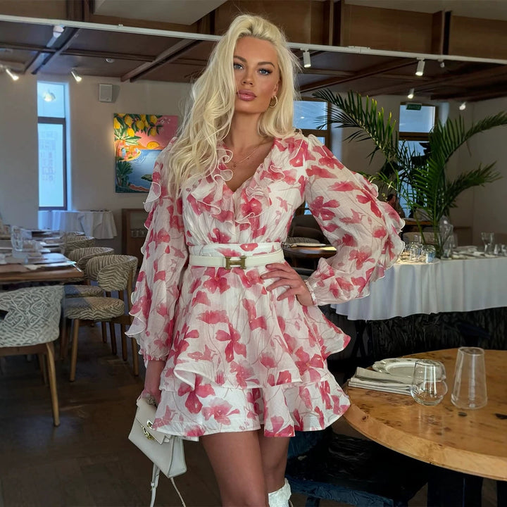 Women's Romantic Ruffle Mini Dress with Floral Chiffon Look and Fitted Silhouette Amarae