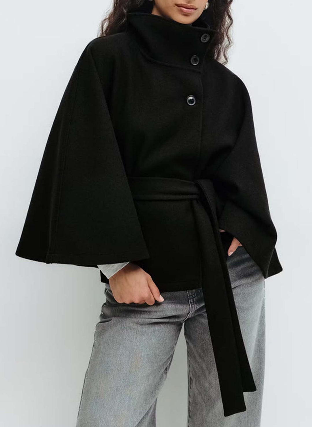 Women's Short Cape Coat with Stand-Up Collar, Oversized Sleeves and Tie Belt Amarae