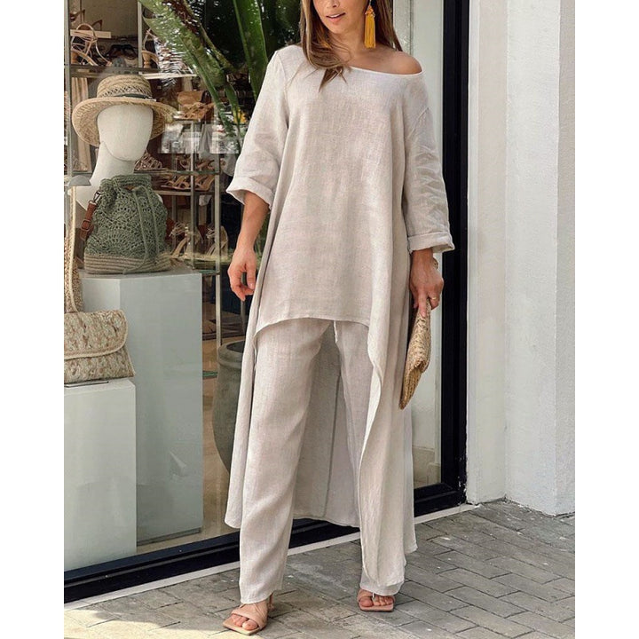Women Lightweight Linen Two-Piece with Asymmetrical High-Low Tunic and Wide Palazzo Pants Amarae