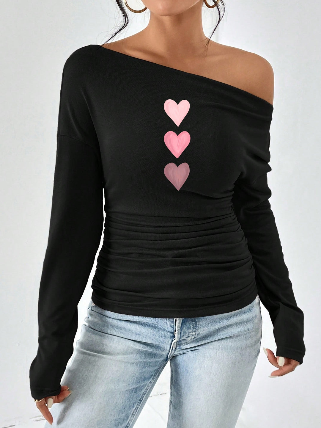 Fitted long sleeve t-shirt for women with asymmetric neckline and ruching Lune London
