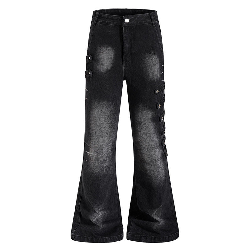 Ladies Wide Jeans Pants with Used Effect and Side Decorative Button Strips Amarae