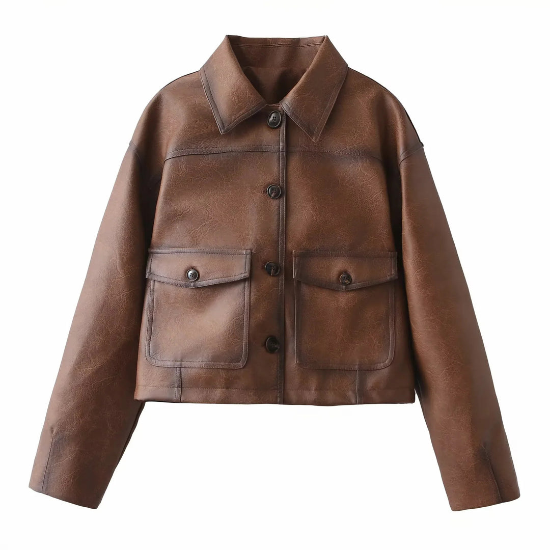 Ladies cropped leather jacket with practical chest pockets and Lune London button details